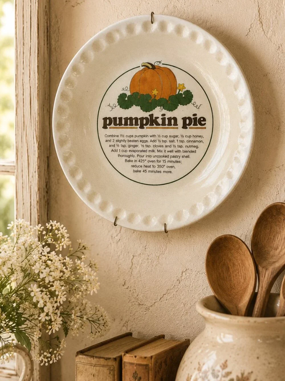 Vintage Pottery Embossed Rim Pumpkin Pie Plate With a Printed Pie Recipe